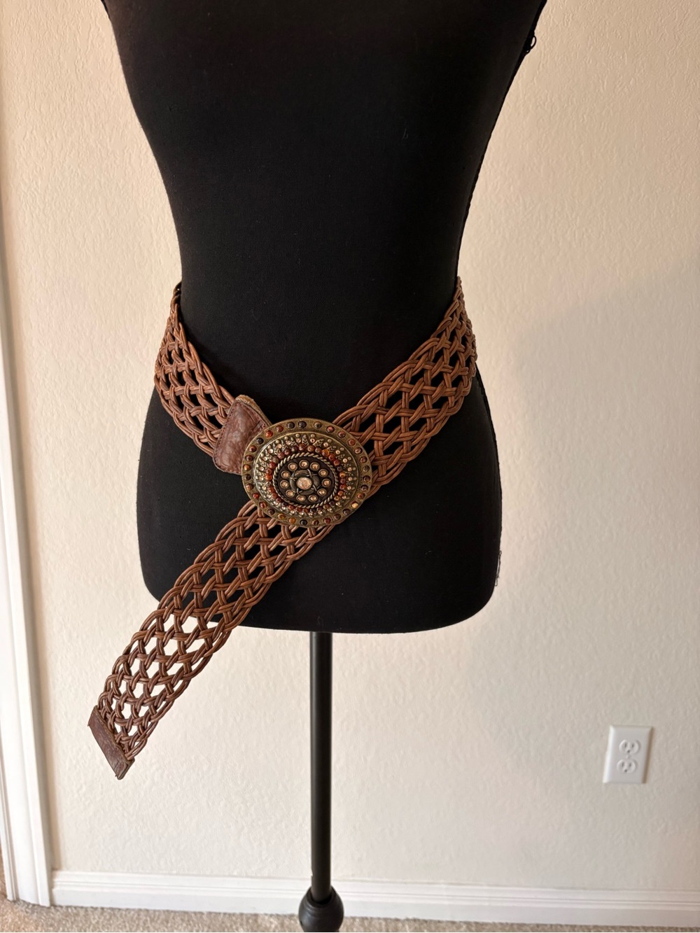Woven Brown Leather Belt with Decorative Medallion